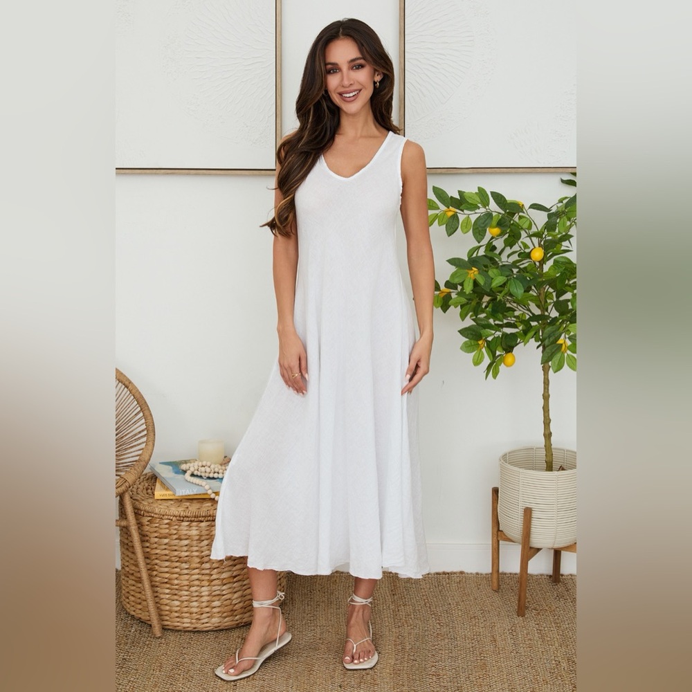(800866/191333-WHT) ITALIAN LINEN MAXI V-NECK DRESS - Picture 2 of 3
